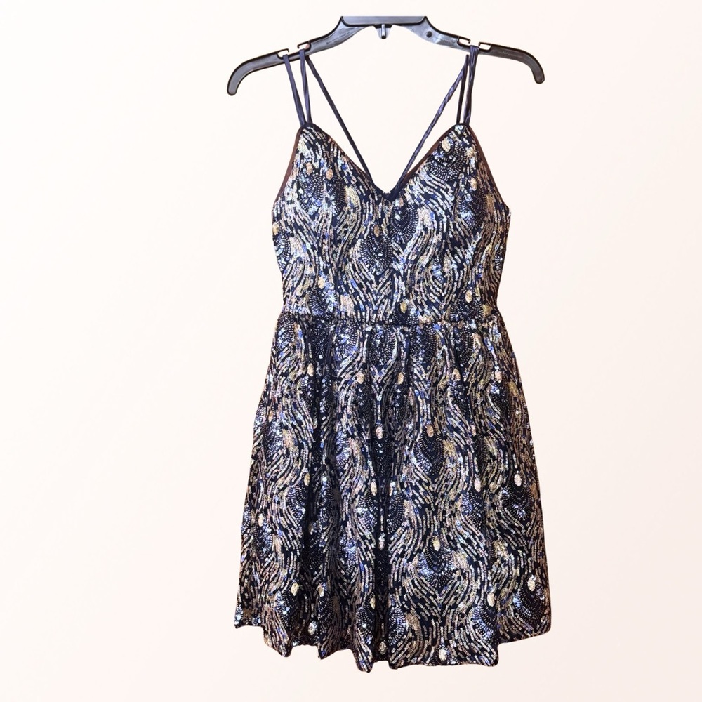 Emerald Sundae Navy/Gold Peacock Feather Sequin Mini Dress, Full skirt (3)